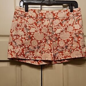 LOFT Red and White Bermuda Shorts with Floral Print